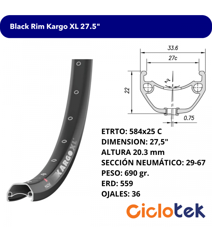 Llanta negra KARGO XL de 27,5 pulgadas